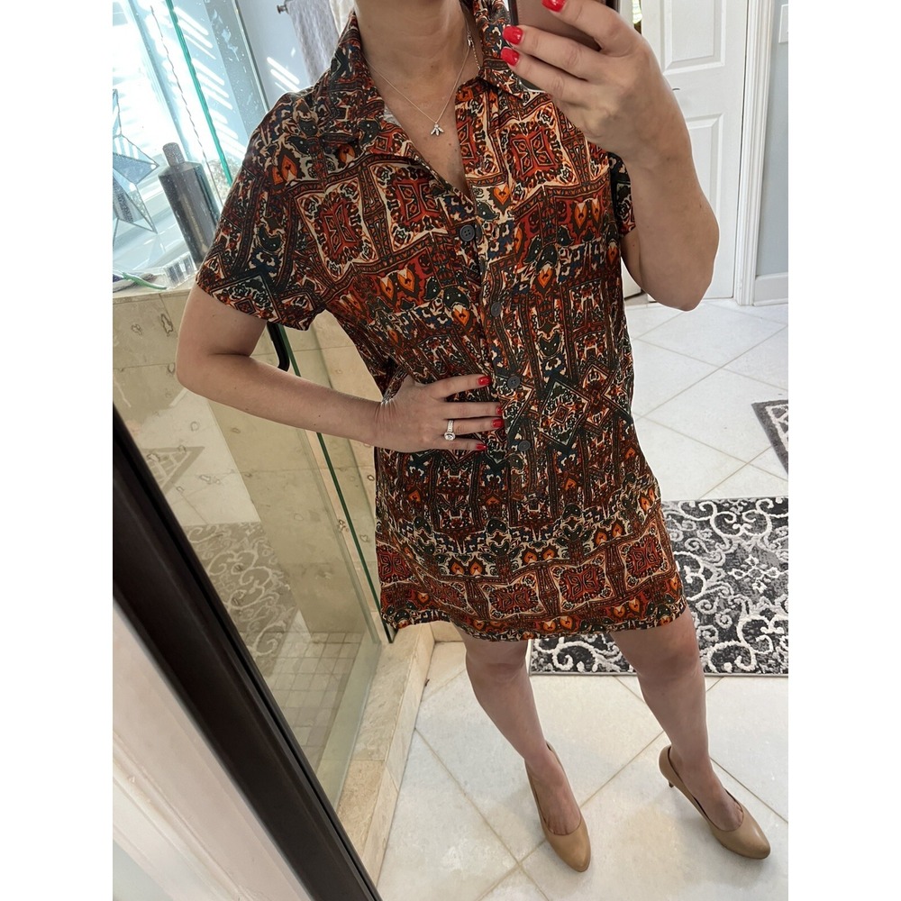 URBAN OUTFITTERS UO Malou Linen Blend Button Front Shirt Dress Brown L Aztec